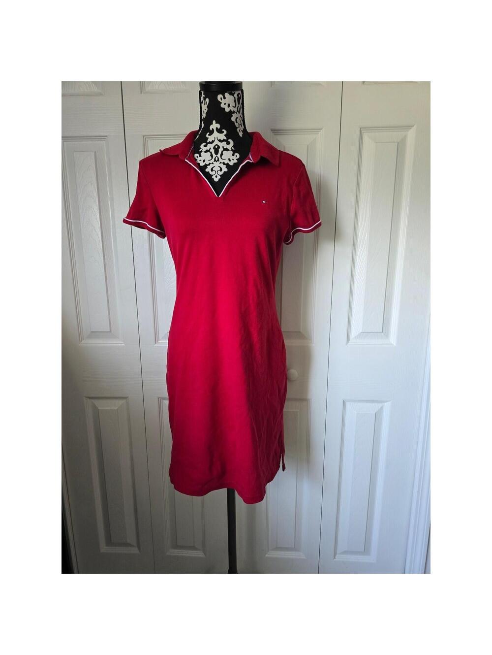 Tommy Hilfiger Womens Red Polo V-Neck Mini Dress Short Sleeve Cotton Large
